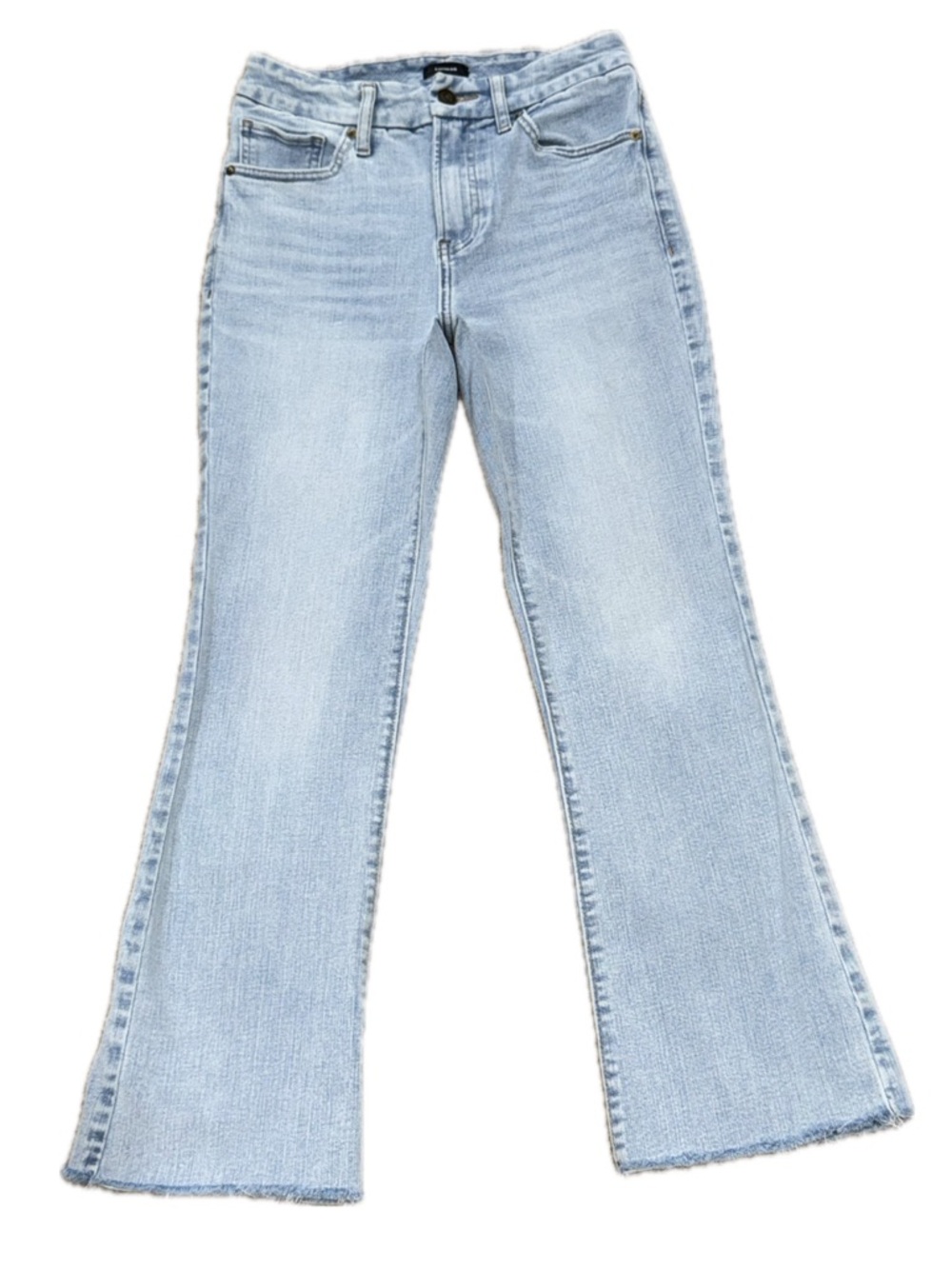 👖👟 EXPRESS Cropped Kick Flare Light Wash Jeans Raw Hem |‎ Women's Sz S (0/2/4)